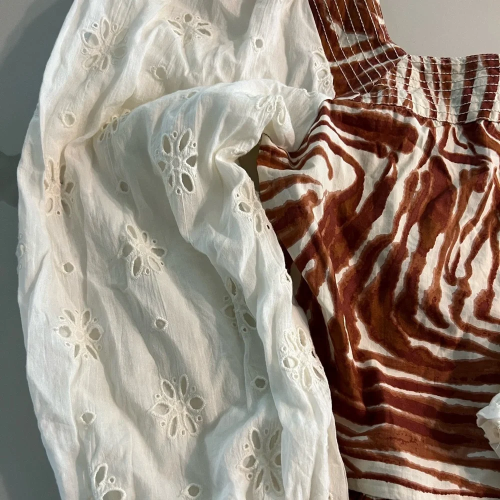 Love The Label - Mocha Stripe Print Smocked Top with White Eyelet Sleeves